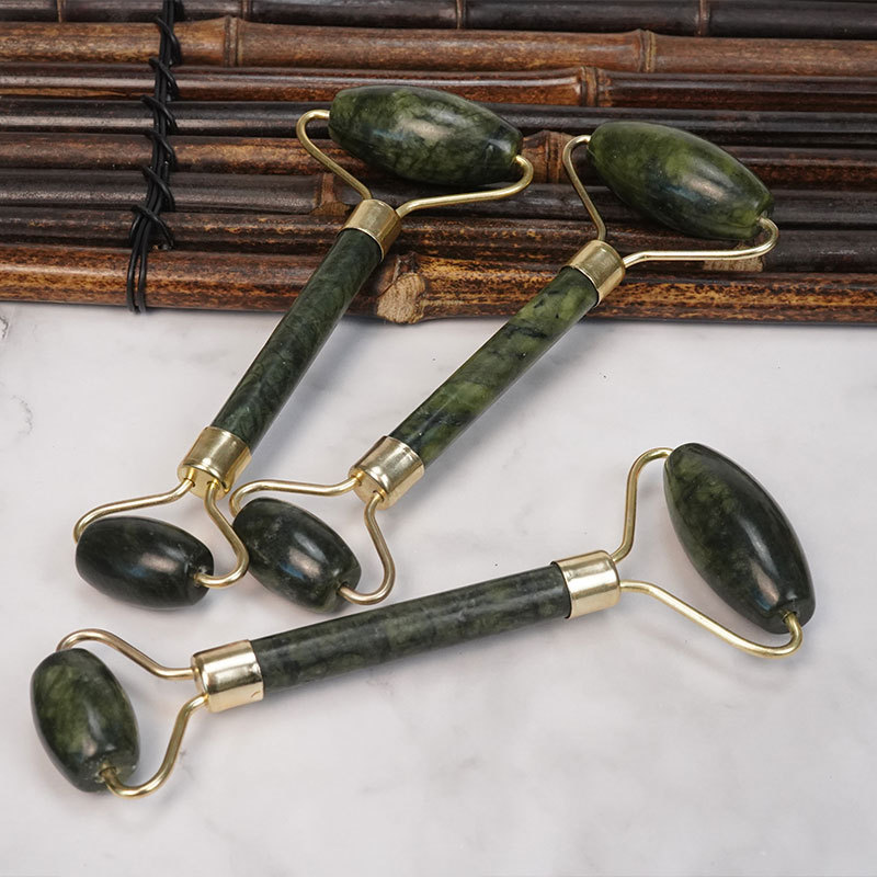 Moss Green Jade Double-Head Stone Massage Roller, Southern Jade Face Massager, Beauty and Health Equipment