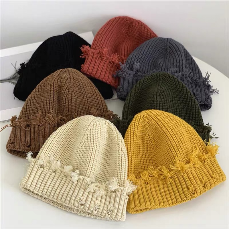 Ripped woolen knitted woolen hat women a...