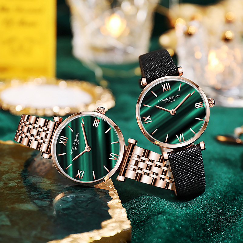 Fanina Fashion New Malachite Pattern Green Watch Stainless Steel Strap Versatile Set Women's Watch Women