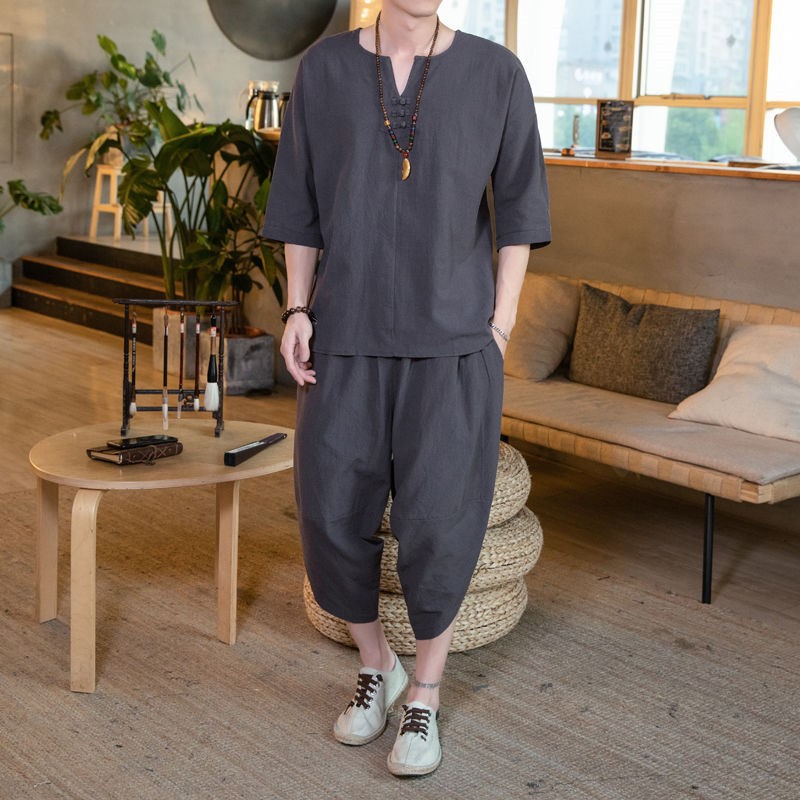 Suministro directo de fábrica 2023 traje de lino delgado de verano de los hombres sueltos más tamaño retro estilo chino algodón y lino conjunto de dos piezas