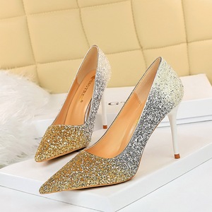 9219-35 Europe and sexy high heel with shallow mouth pointed color matching color gradient sequins high-heeled shoes wom