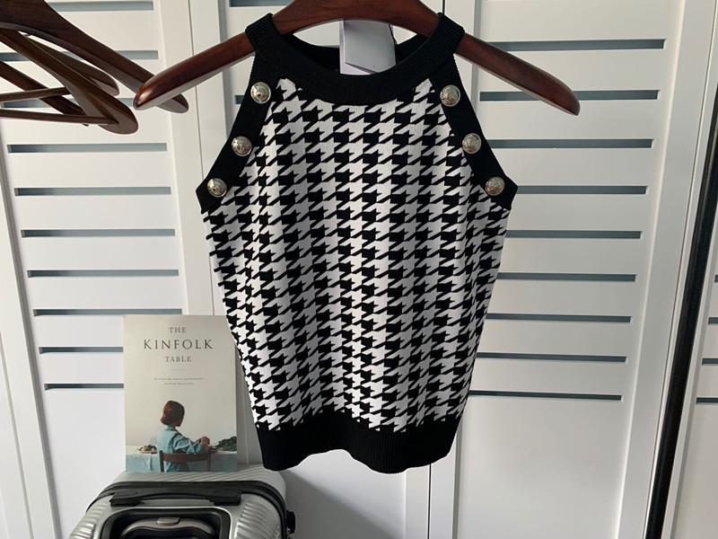 24Ss Balmain Spring & Fall New Jacquard Houndstooth Slim Vest Suspender Women's T-Shirt Ins