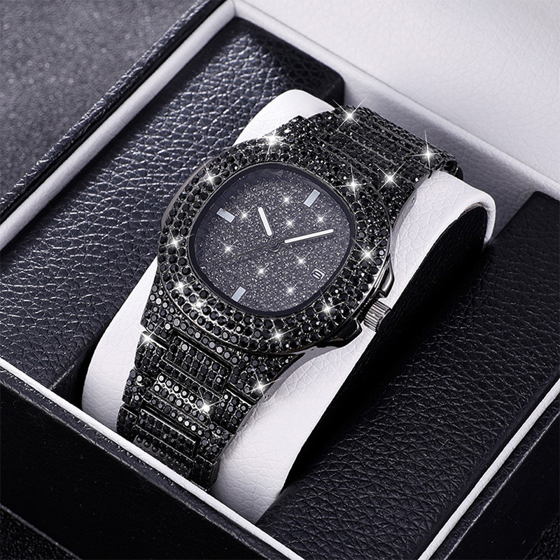 Set di braccialetti per orologio da uomo Set di 3 pezzi di gioielli per orologi stile hip-hop, collana con bracciale per orologio quadrato pieno di diamanti_voghion.com