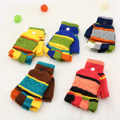 儿童手套冬季女翻盖半指拼色小学生手套保暖冬天可爱卡通针织毛线