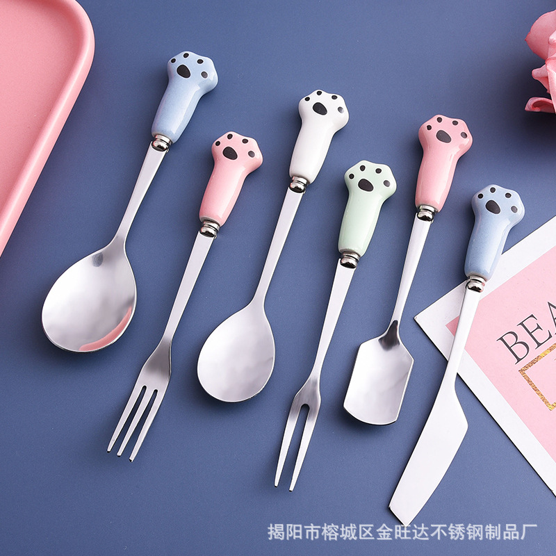 창조적 인 스테인레스 스틸 작은 숟가락 작은 포크 귀여운 어린이 고양이 발톱 세라믹 손잡이 커피 디저트 스푼 포크 나이프와 포크 스푼 세트