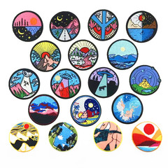 廠家直供跨境貨源山水風景日出圓形刺繡補丁貼電腦繡花標章仔布貼