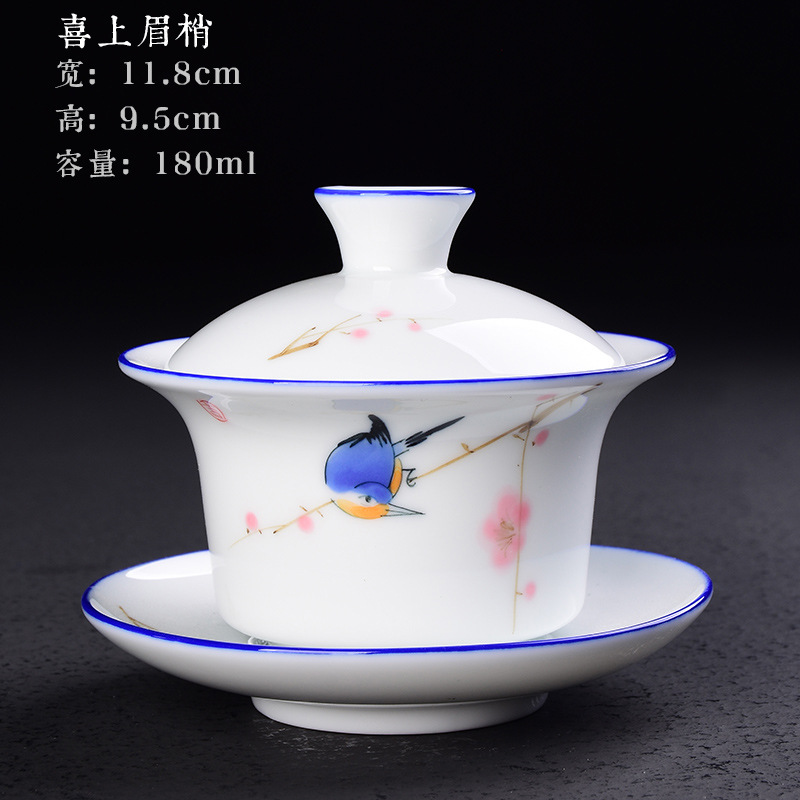 Cubierta pintada a mano Tazón Taza de té de cerámica juego de té de Kung Fu hogar tamaño pequeño Tazón de té Taza blanca tostada de porcelana Taza de té de tres piezas cubierta Tazón