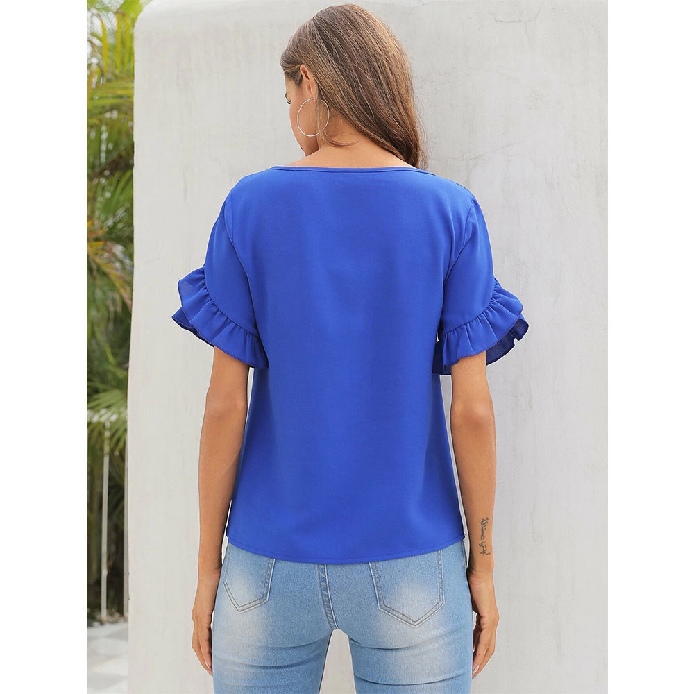 Camiseta holgada informal de manga con volantes y cuello redondo de color puro NSSA39973
