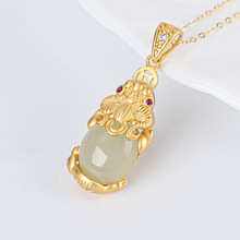 S925银镶嵌和田玉貔貅吊坠古法银金镶玉直播热卖女生款吊坠项链