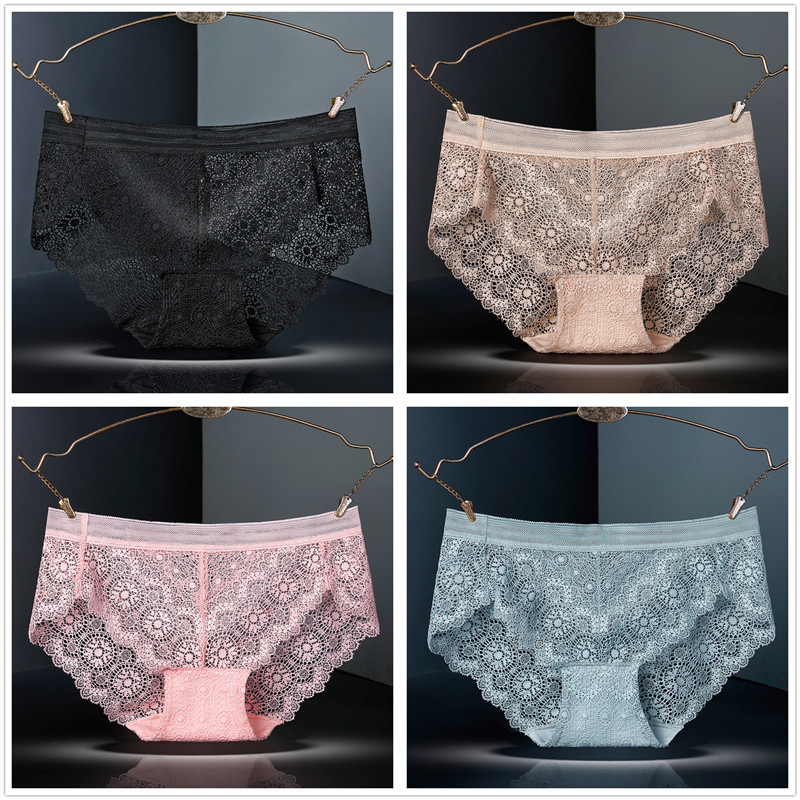 4-piece boxed underwear low waist girl lace briefs women's cotton crotch lace underwear within 130kg