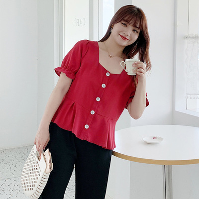 fat mm Square collar 200 Fat sister Large Women's wear Korean Edition summer have cash less than that is registered in the accounts Short sleeved coat jacket 2396