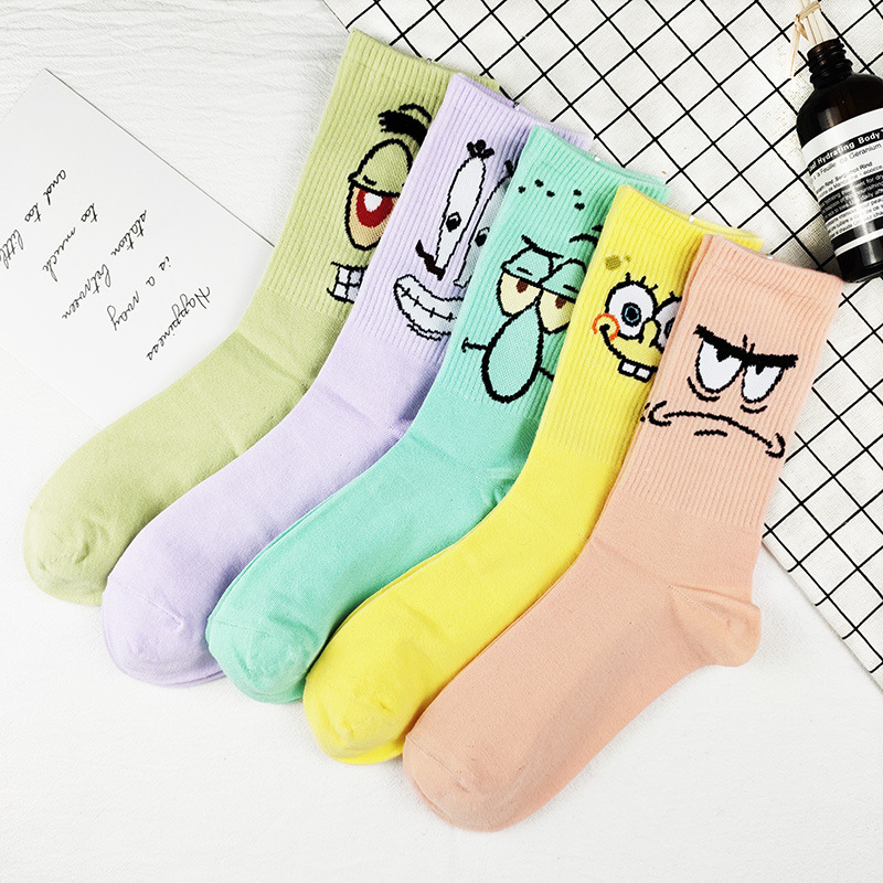 海绵宝宝网红同款袜子女长筒ins潮款高腰彩色欧美百搭外穿卡通男|ru