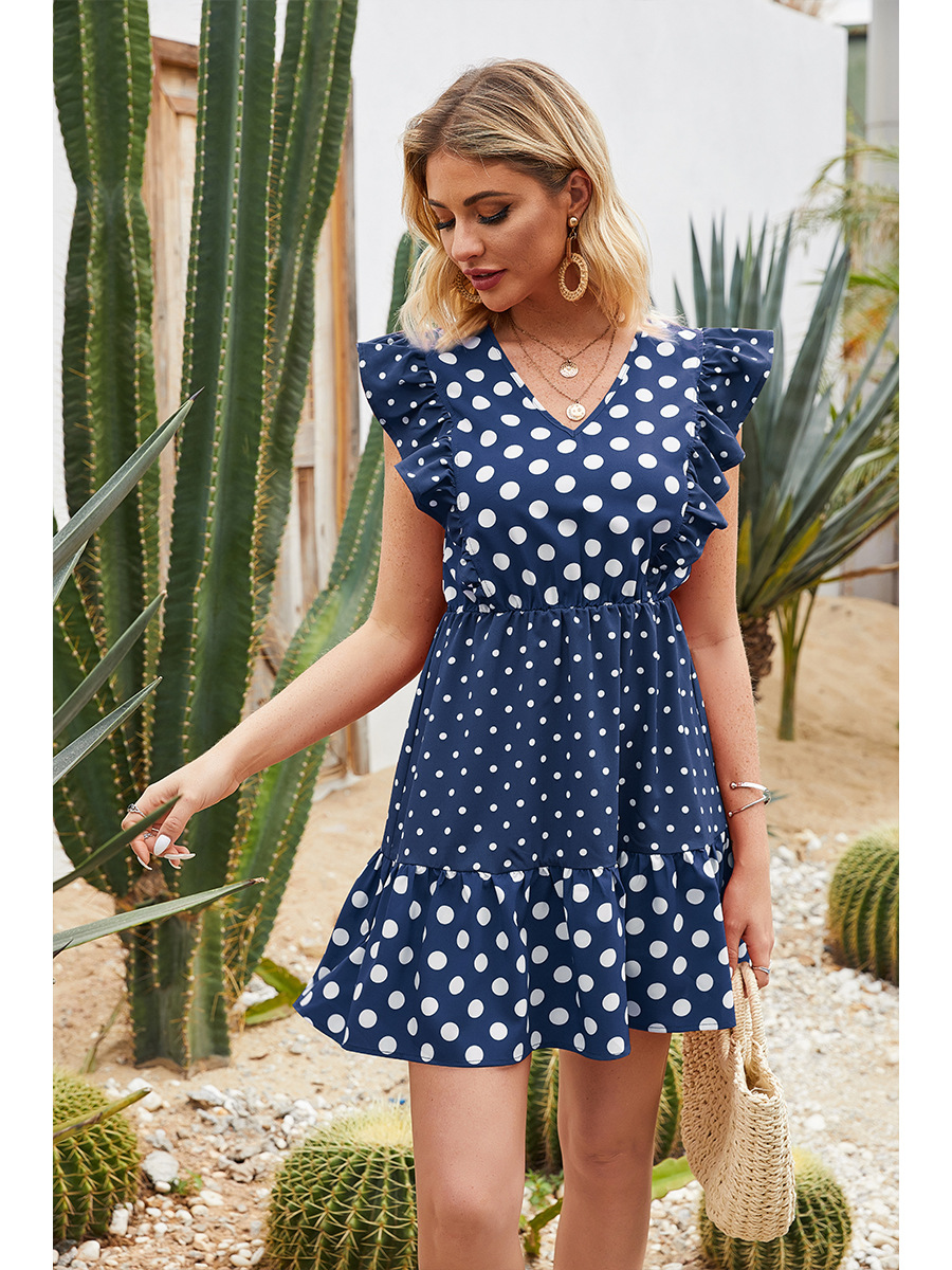   wave dot stitching ruffled sleeveless short dress   NSAL2922