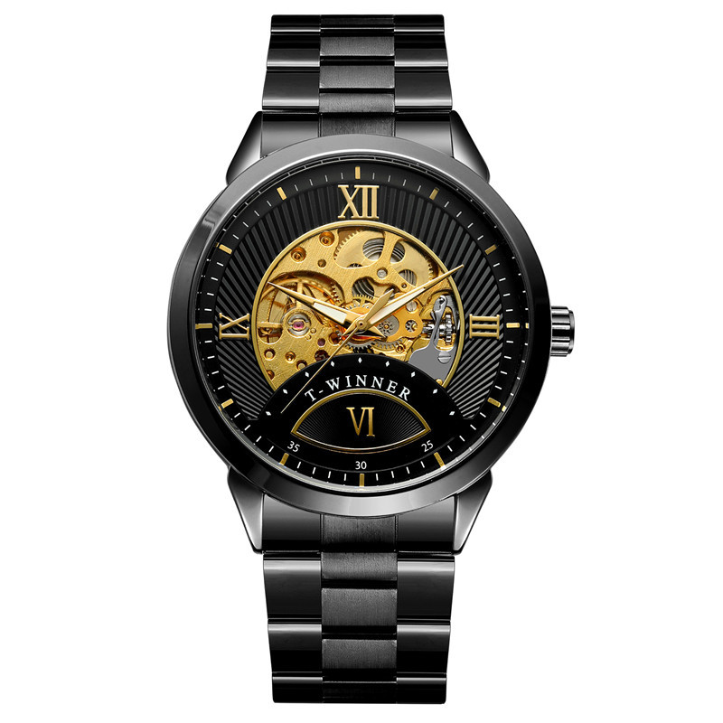 Winner8183 reloj mecánico automático para hombres reloj mecánico de negocios correa de acero reloj mecánico de fondo transparente hueco