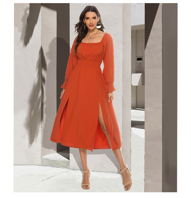 Square Neckline Split Long-Sleeved Dress NSJR42740