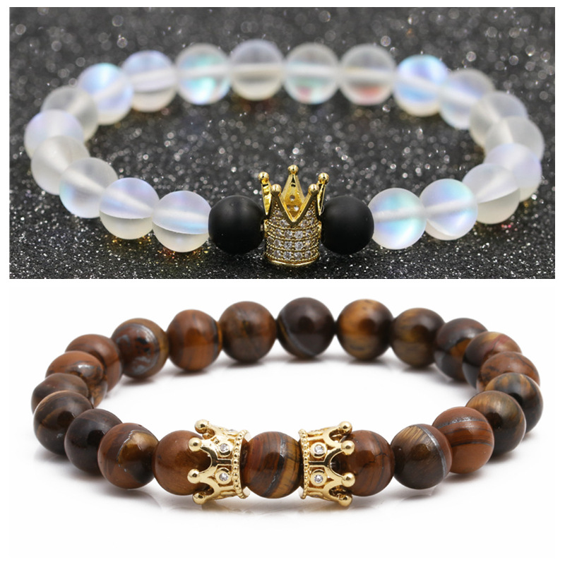 Matt Black Stone Agate Wood Crown Bracelet