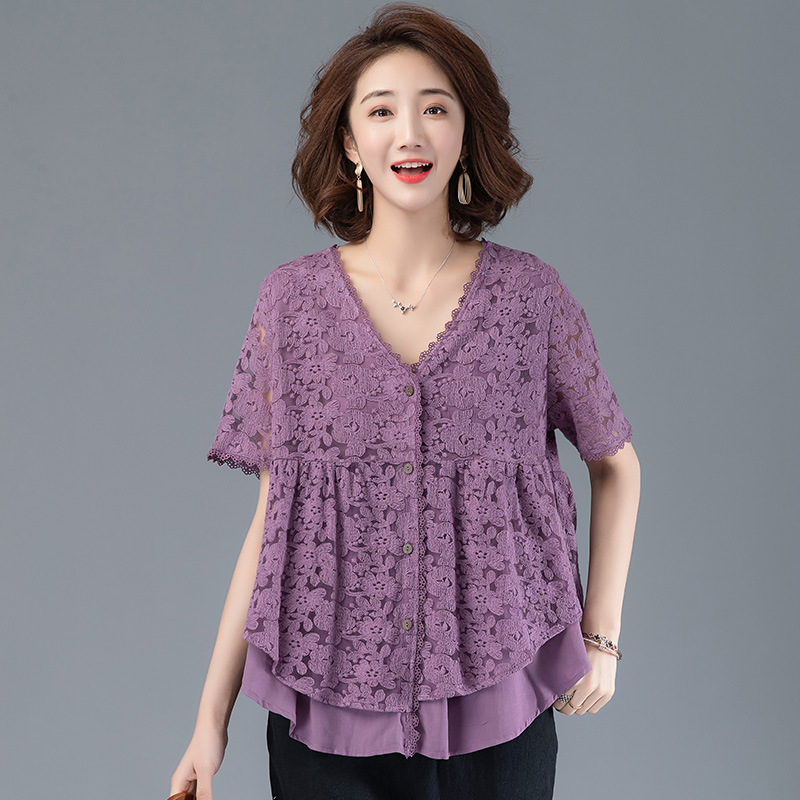 2020年夏装新款宽松显瘦V领假两件大码女装蕾丝衫短袖上衣女