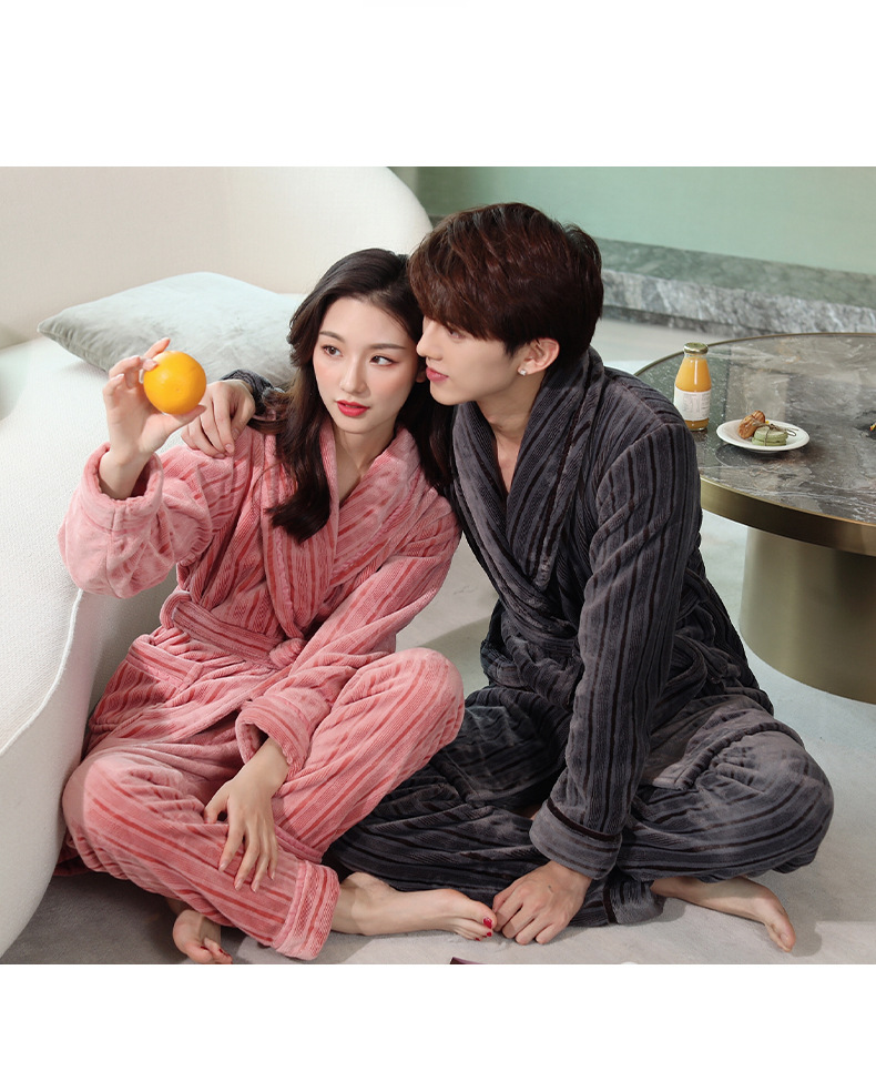 Pigiama da donna GraceChic GraceChic, set di vestaglia e pantaloni in pile corallo autunnale, abbigliamento da casa in flanella a righe per uomo, set invernale_voghion.com