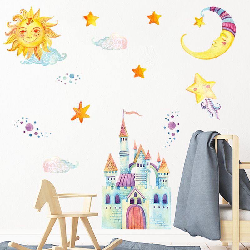 New Watercolor Cartoon Sun Moon Castle Wall Stickers display picture 6