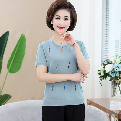夏裝新款媽媽裝寬松針織短袖中年婦女時尚t恤衫中老年短款薄上衣