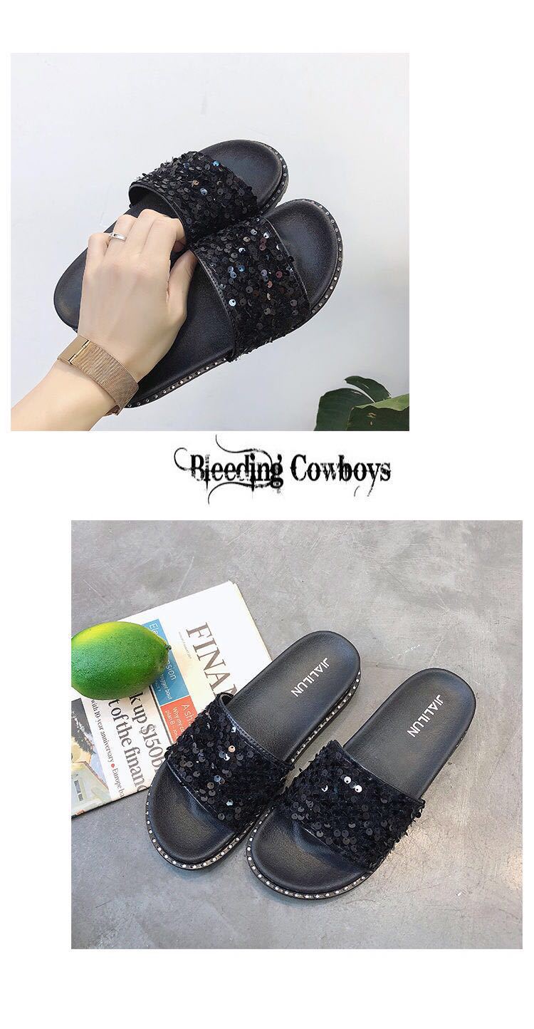 Pailletten-Mode-Hausschuhe für Damen, Sommer, koreanische Muffin-Schuhe mit dicken Sohlen, Oberbekleidung im neuen Stil, koreanischer flacher Boden, einzeilige Hausschuhe, Studenten_voghion.com