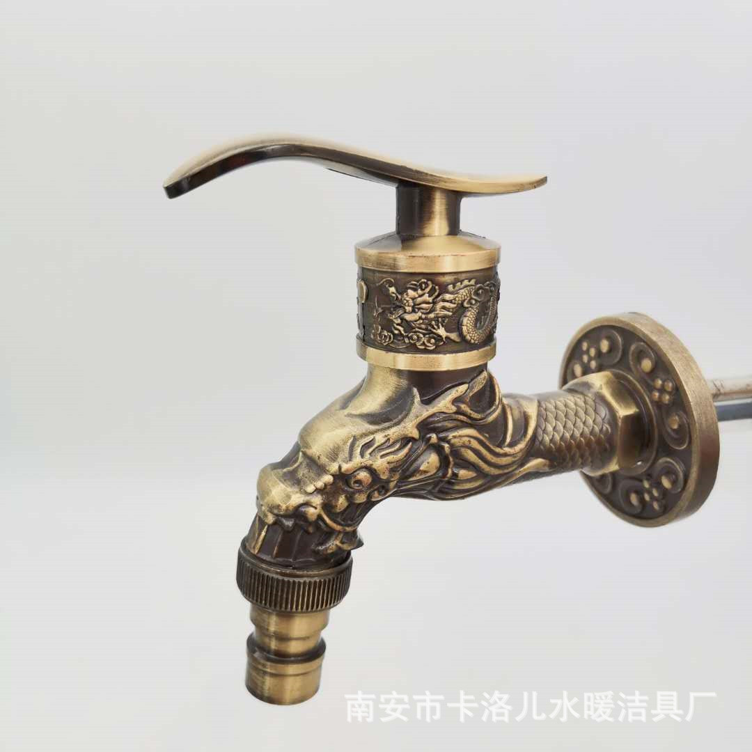 The overseas model features an antique bronze-patterned dragon spout, an alloy copper core, and a bronze-colored European-style faucet with a single cooling nozzle details Picture