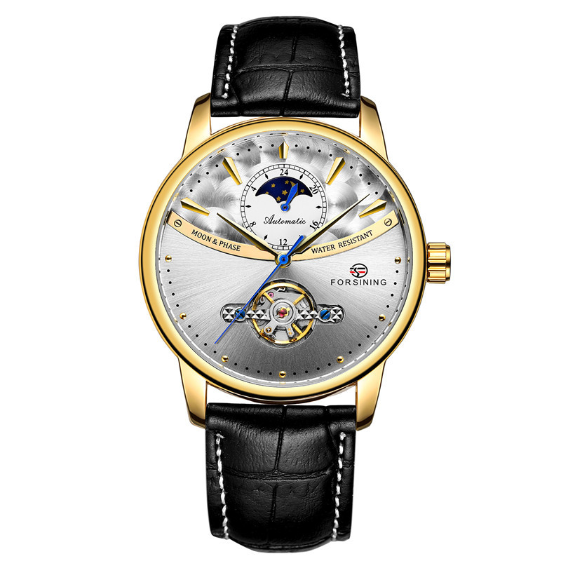 Forsining Fusini 8179 cinturón hombres de negocios reloj mecánico automático transparente inferior hueco reloj hombres
