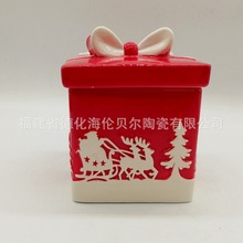 方形聖誕主題紅色陶瓷餅干罐 外貿熱銷方形陶瓷食品儲藏罐