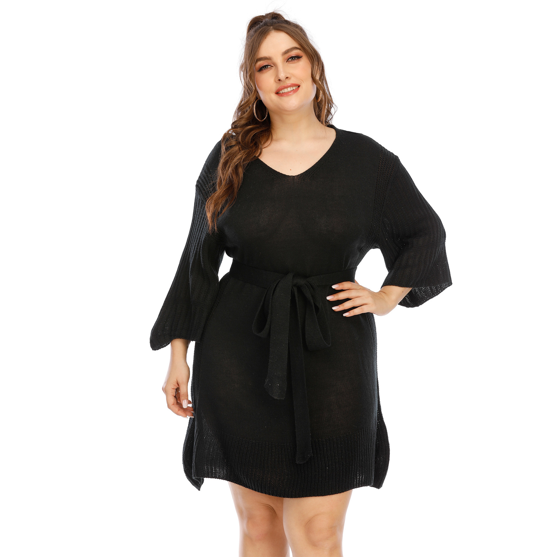 plus size flared sleeve waist tie sweater dress  NSOY28450