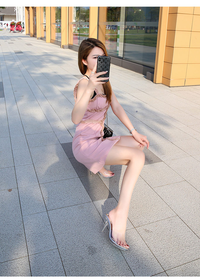 Dép sandal nữ quai ngang gót pha lê cao 6–8 cm phong cách Hàn Quốc — Màu bạc, Màu đen chi tiết 13