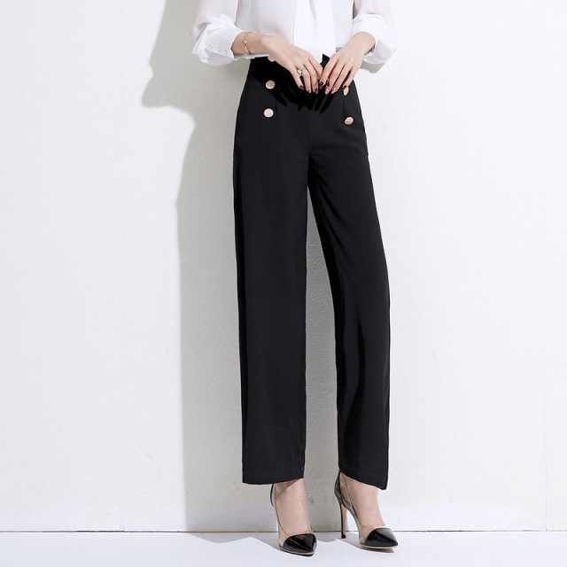 Spring Korean women’s comfortable high waisted pants show thin buttons casual wide leg pants women