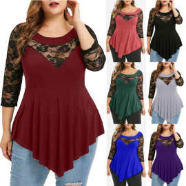 跨境外贸春季新款女装大码花朵蕾丝七分袖不规则下摆透视圆领上衣