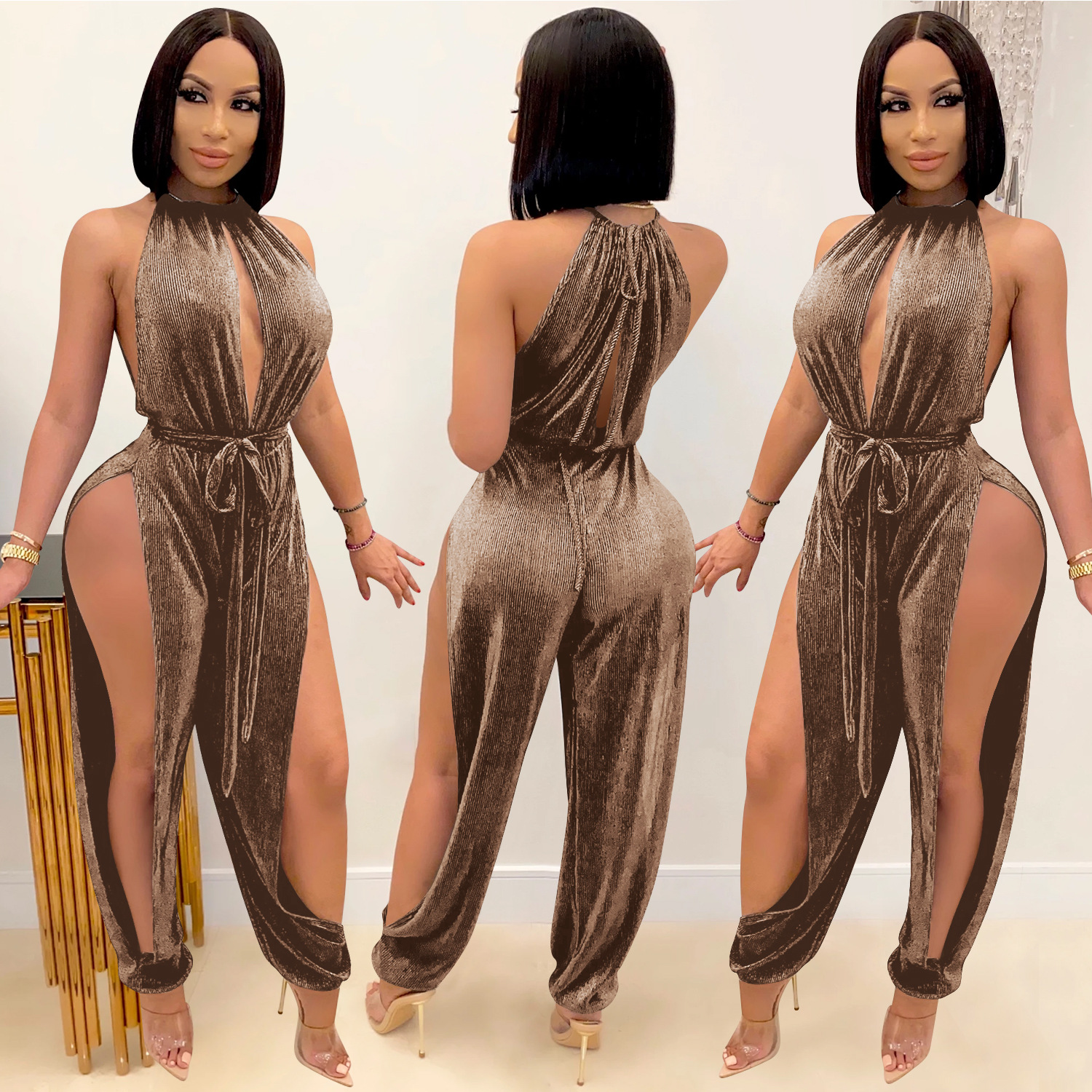 women s strappy sided slit jumpsuit nihaostyles clothing wholesale NSXYZ78218