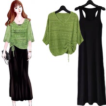 夏季新款女裝綠色洞洞衫鏤空針織衫罩衫薄款蝙蝠衫連衣裙兩件套裙