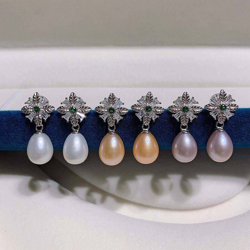 S925满钻饰品小雏菊珍珠耳坠批发基础款米形珍珠耳环DIY时尚配饰|ms