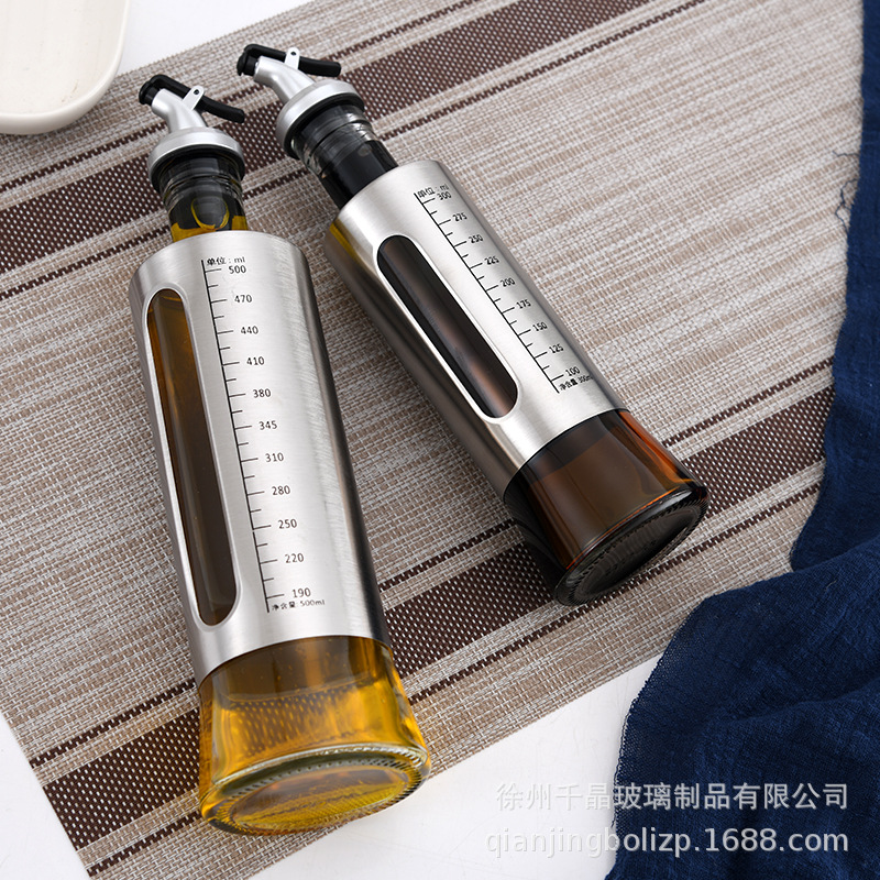 Botella de aceite de acero inoxidable controlable con escala aceite olla salsa vinagre cocina vino líquido condimento botella de vidrio logotipo impreso