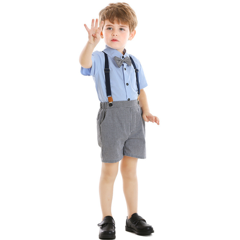 New Summer Children's Clothing Boys British Style Short-sleeved Shirts Plaid Overalls display picture 2