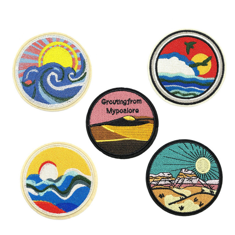 潮流圆形风景刺绣徽章高端服装辅料DIY背胶补丁贴电脑绣花章热销