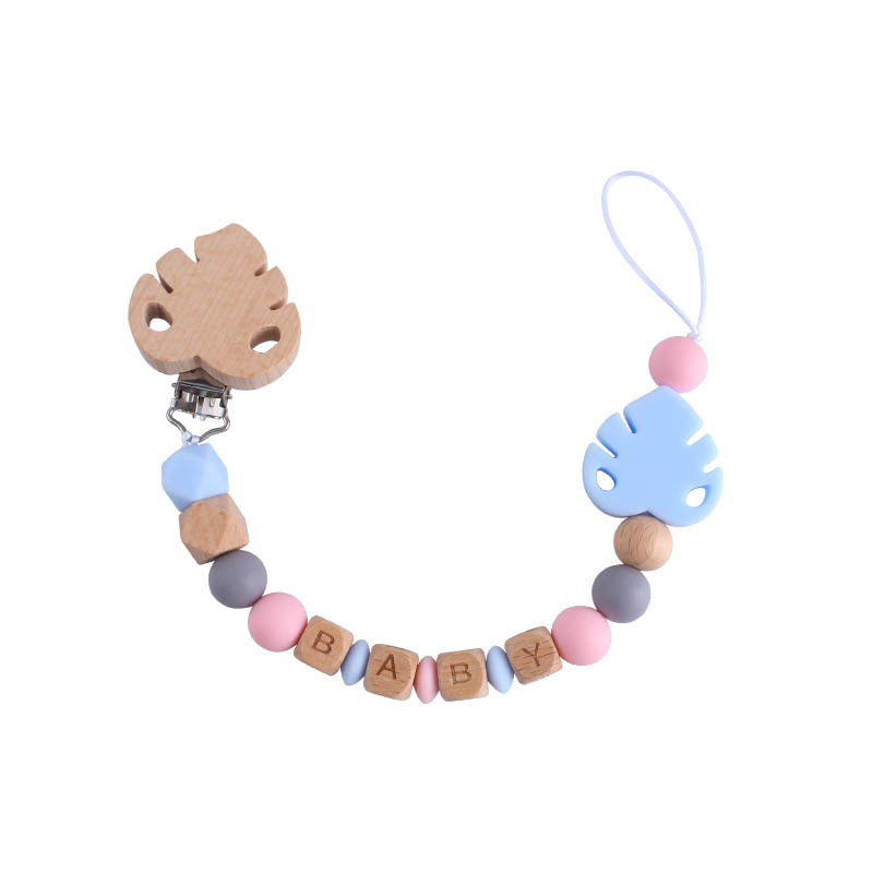 Nombre del bebé personalizable Cadena de chupete de hoja de silicona Bebé suministros de haya hoja chupete clip juguete mordedor