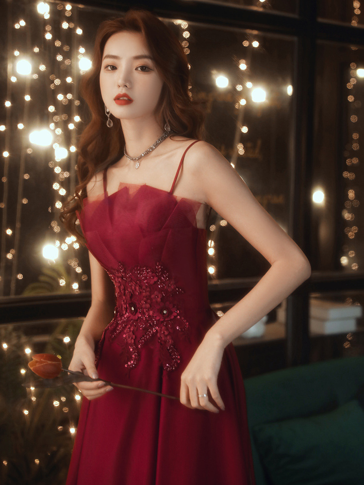 Bridal Toast Dress 2026 New Style Winter and Autumn Elegant Burgundy Can Be Worn Casually Wedding Engagement Strap Evening Dress for Women