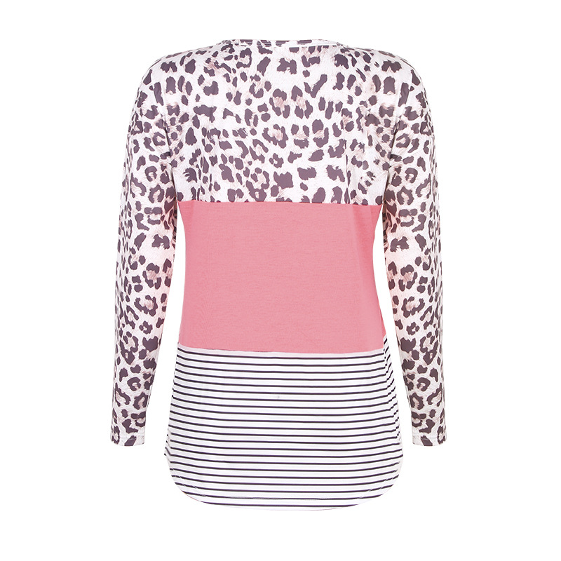 printing leopard stitching long-sleeved V-neck casual top NSZH19530