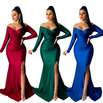 Women's sexy clubwear long dress nightclub v-neck bar stage performance maxi dress Solid color large slit long dress