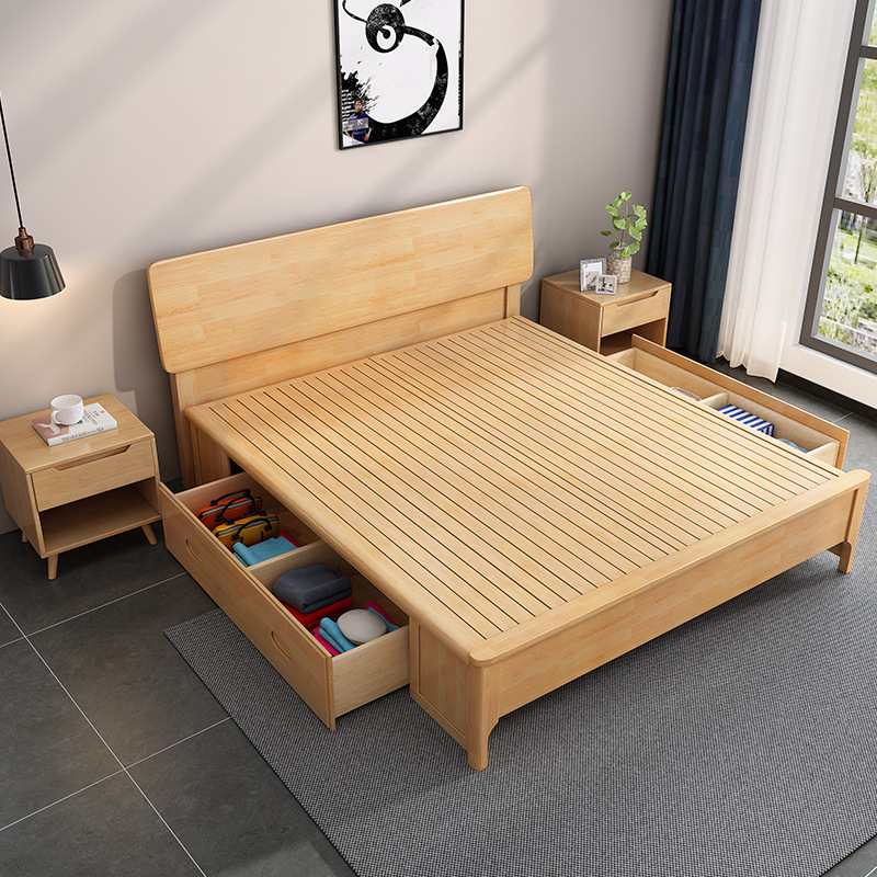 批发北欧实木床1.5米卧室简约出租房单双人床1.2米原木储物床定制|ms