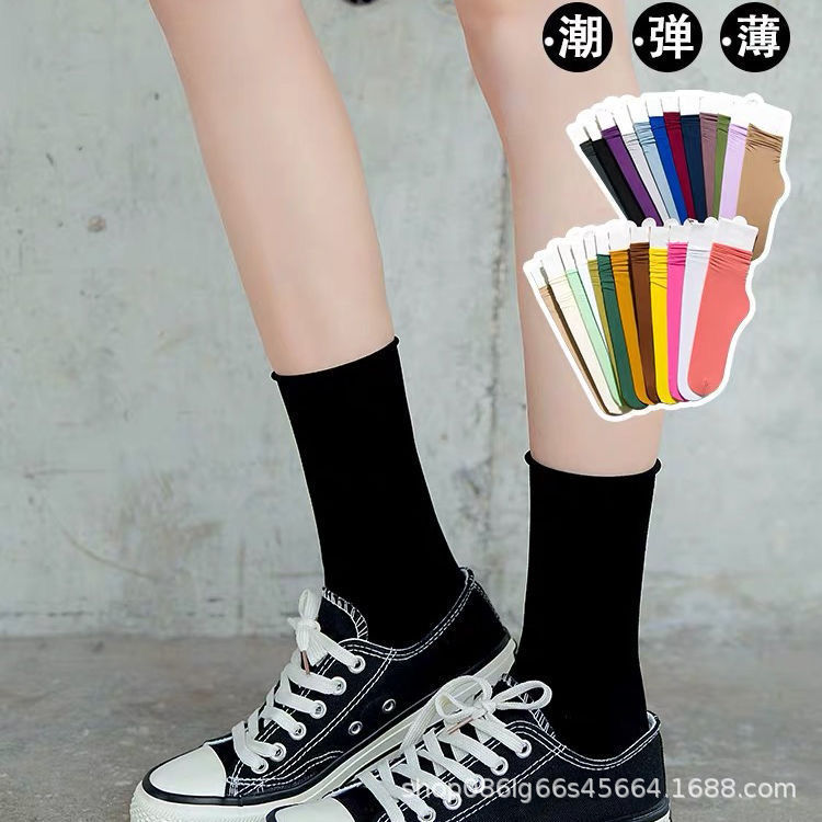 Ice Ice Socks Women's Summer Solid Color Pile Socks Women's Summer Thin Medium Stockings Black and White Ice Stockings Velvet