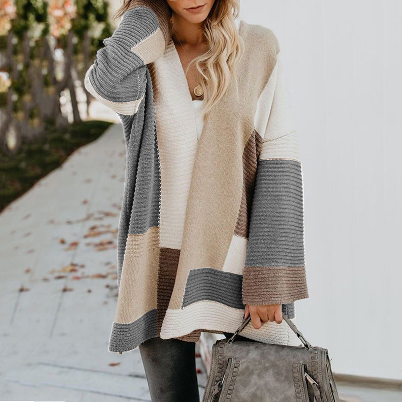 autumn and winter new sweater plus size loose geometric color matching sweater cardigan NSYF848