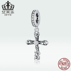 艾芙樂歐美時尚流行s925純銀復古十字架吊墜手鍊 diy簡約花紋珠子