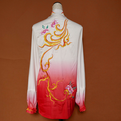 Tai chi clothing chinese kung fu uniforms Rose red and white gradually changing Taifu training dress female embroidery golden rattan flower martial arts performance costume transition routine