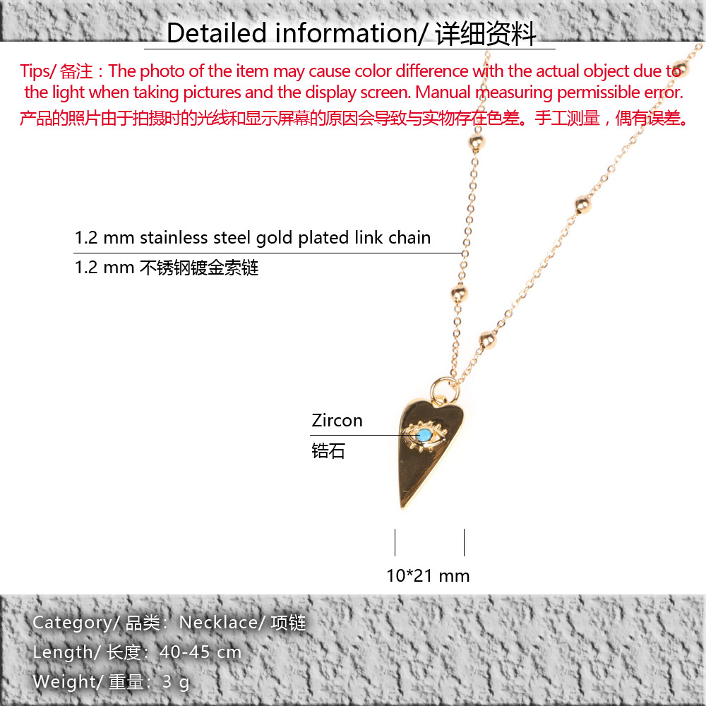 fashion simple Turkish blue eyes heart-shaped copper inlaid zircon necklace wholesale