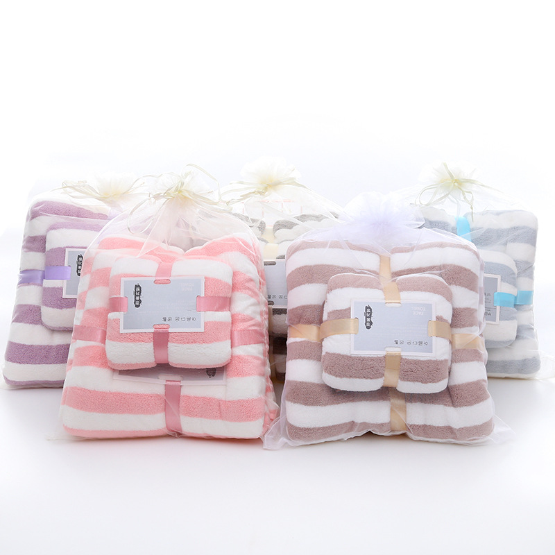 Factory wholesale coral fleece striped towel bath towel mother and child set gift thickened absorbent high density beach towel