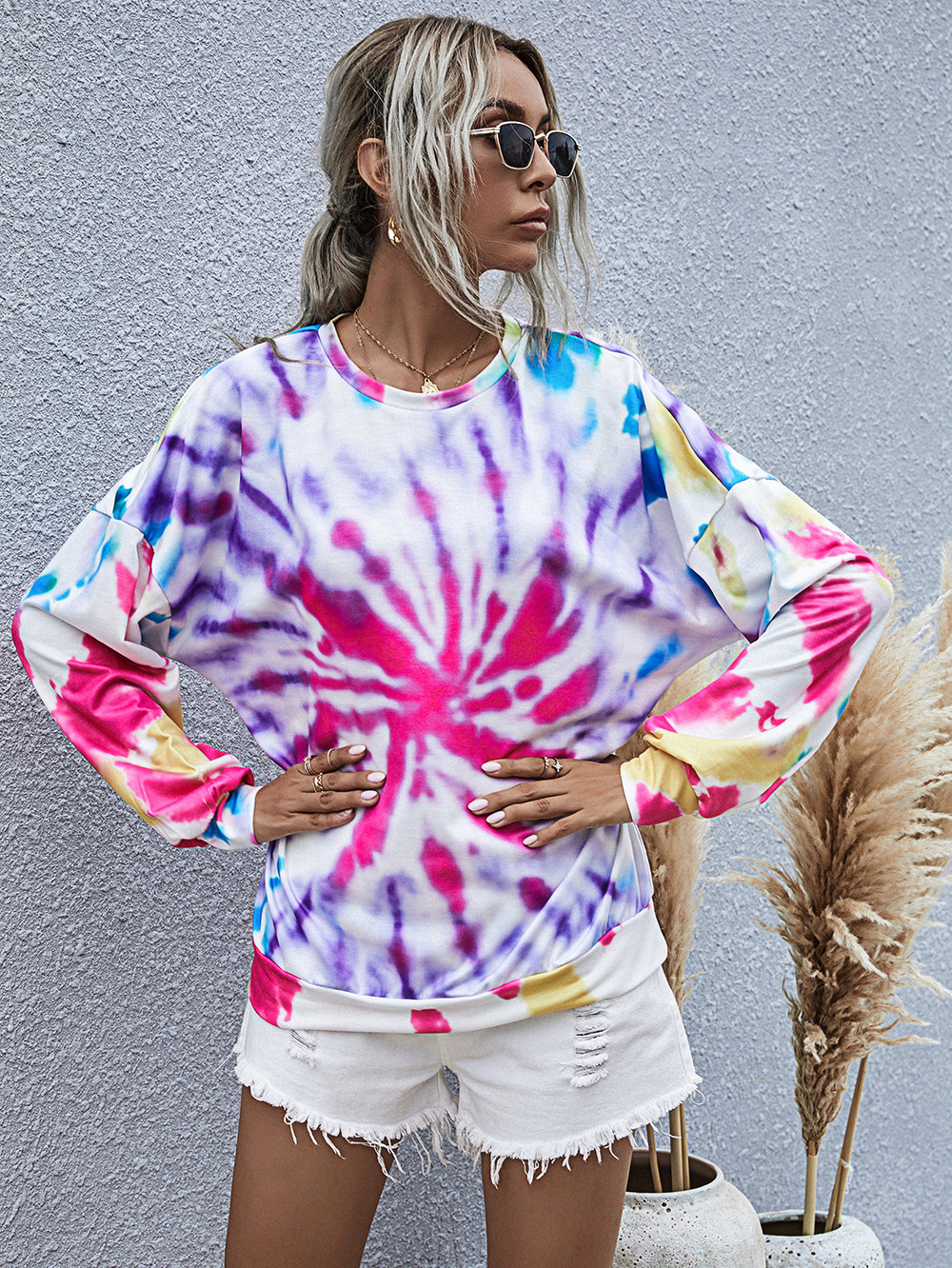 new fall/winter women s digital printing round neck knitted long-sleeved tie-dye sweater  NSDF911